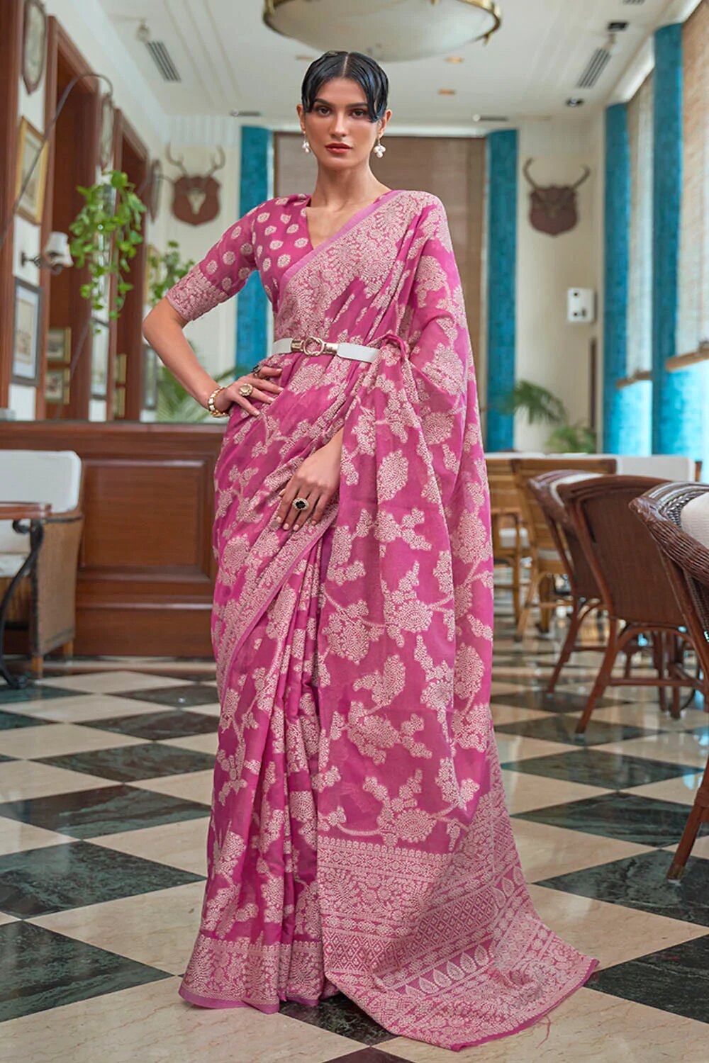 Flameboyant Pink Lucknowi work Silk Saree With Fancifull Blouse Piece