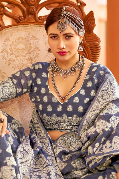 Fancifull Navy Blue Lucknowi work Silk Saree With Demanding Blouse Piece