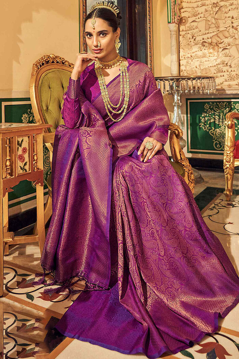 Denouement Purple Kanjivaram Silk Saree With Felicitous Blouse Piece