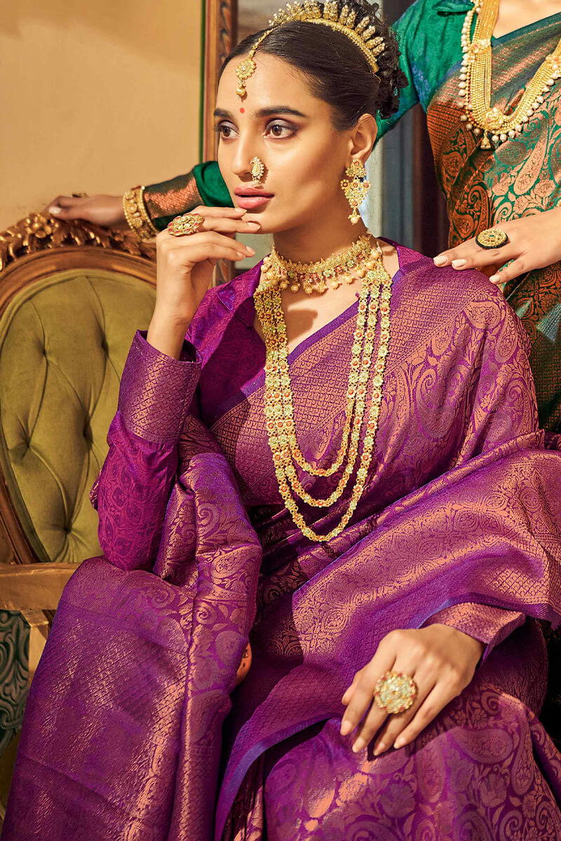 Denouement Purple Kanjivaram Silk Saree With Felicitous Blouse Piece