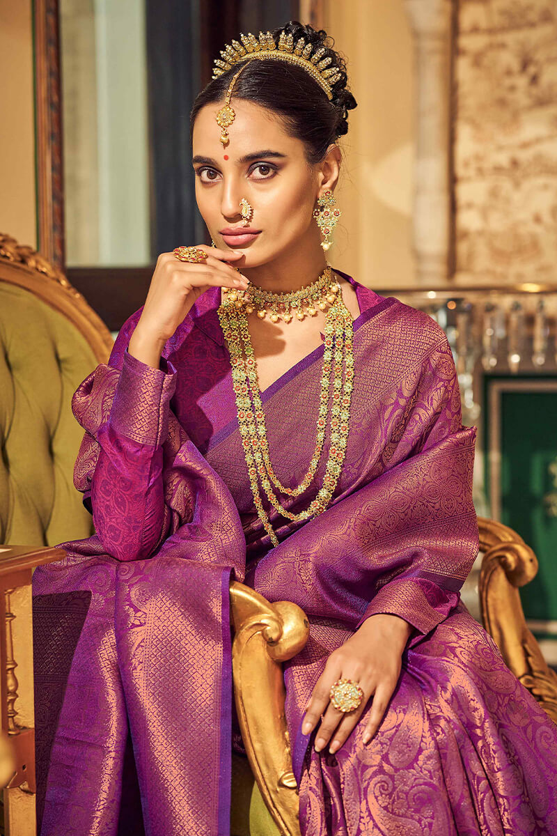 Denouement Purple Kanjivaram Silk Saree With Felicitous Blouse Piece