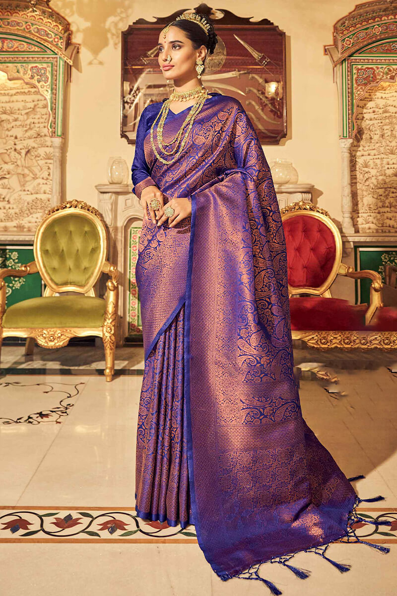 Unequalled Royal Blue Kanjivaram Silk Saree With Incomparable Blouse Piece