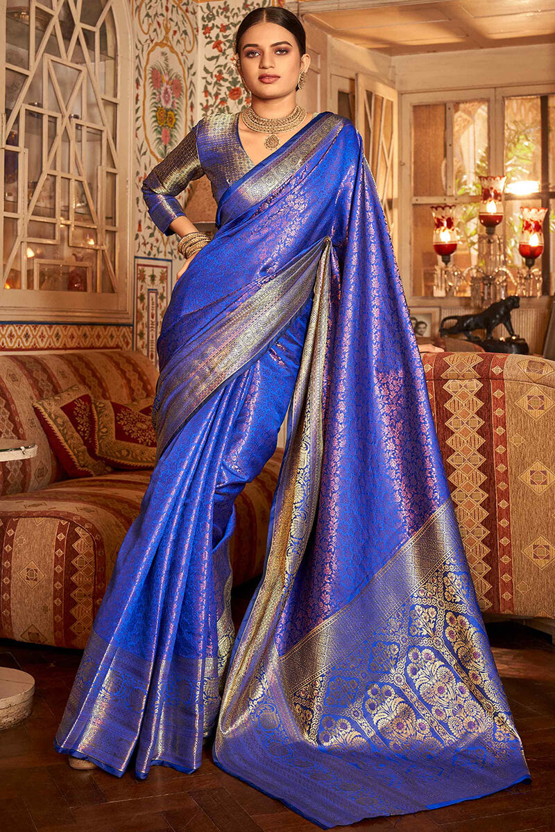 Unique Royal Blue Kanjivaram Silk Saree With Outstanding Blouse Piece