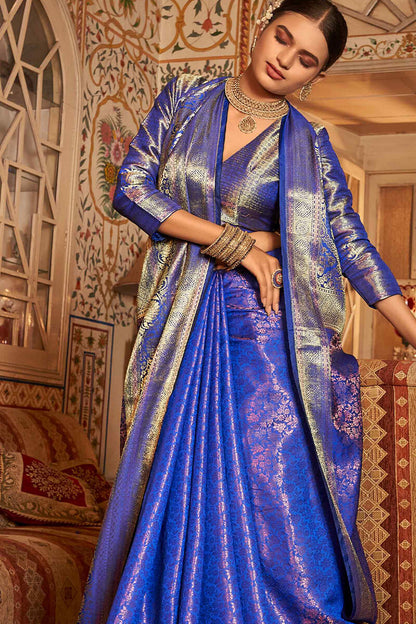 Unique Royal Blue Kanjivaram Silk Saree With Outstanding Blouse Piece