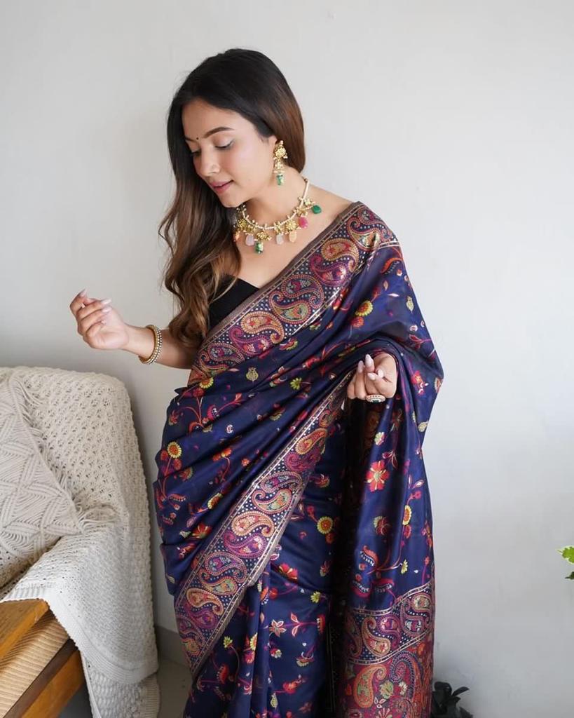 Festive Wear Banarasi Saree in Pure Soft Silk Dark BlueWhit