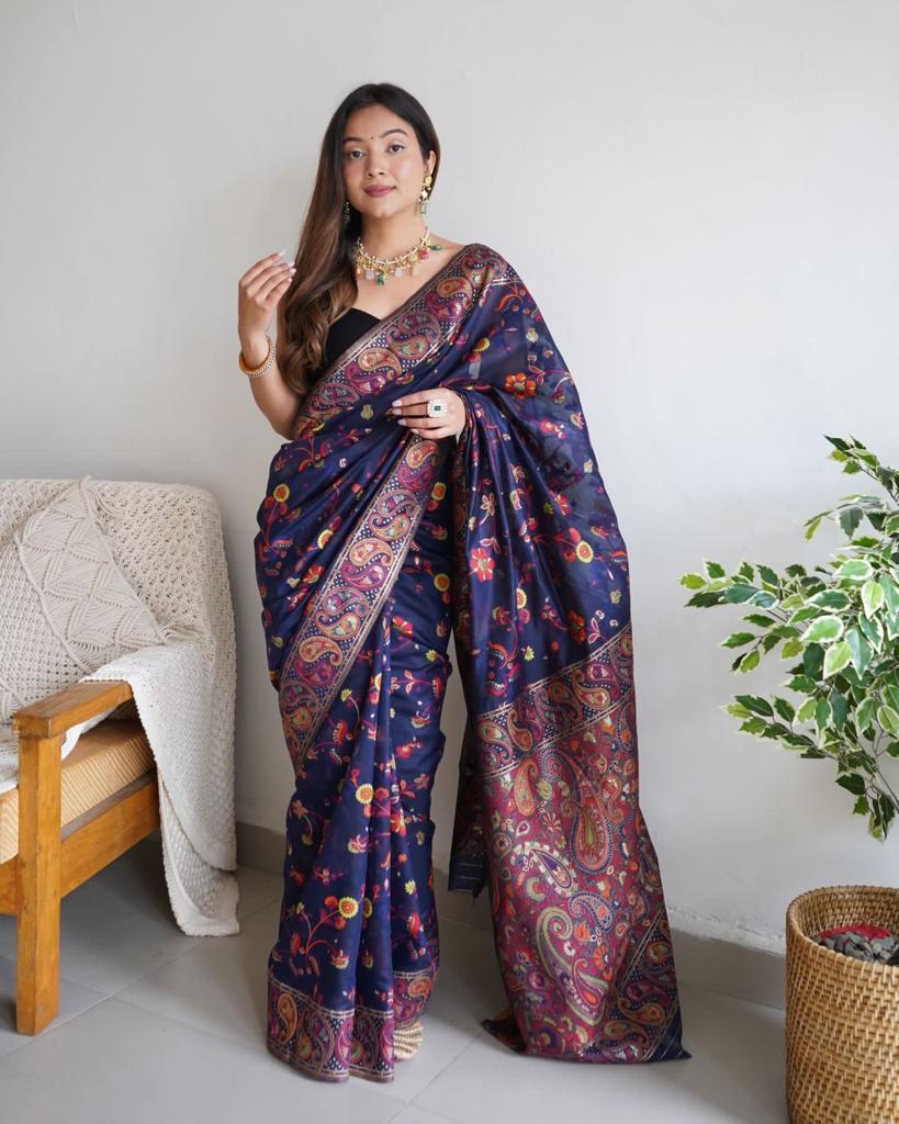 Festive Wear Banarasi Saree in Pure Soft Silk Dark BlueWhit