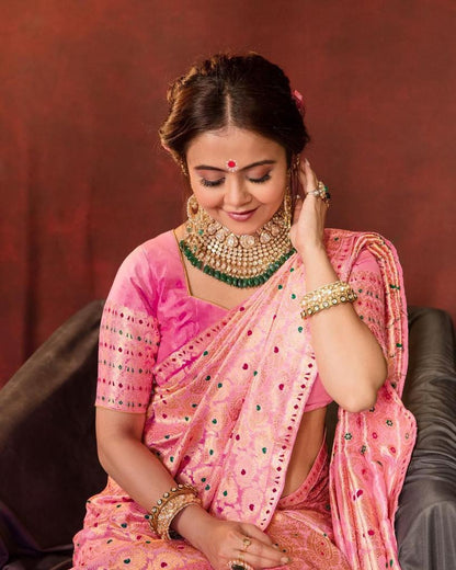Traditional Pink Soft Lichi Silk Saree With Classic Blouse Piece