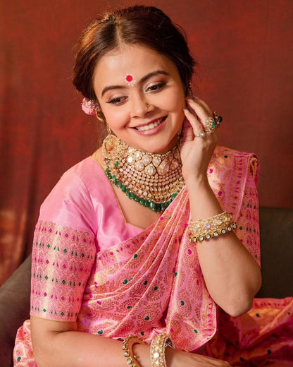 Traditional Pink Soft Lichi Silk Saree With Classic Blouse Piece