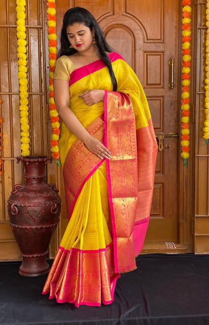 Affordable Festive Wear Lichi Silk Saree with Exclusive Zari meit Yellow