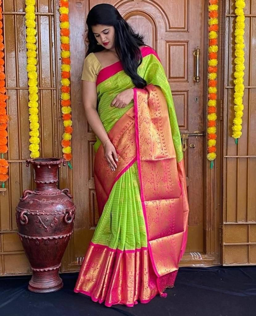 Affordable Festive Wear Lichi Silk Saree with Exclusive Zari meit green