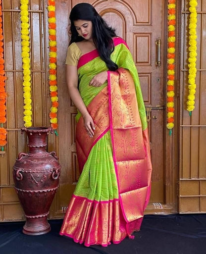 Affordable Festive Wear Lichi Silk Saree with Exclusive Zari meit green