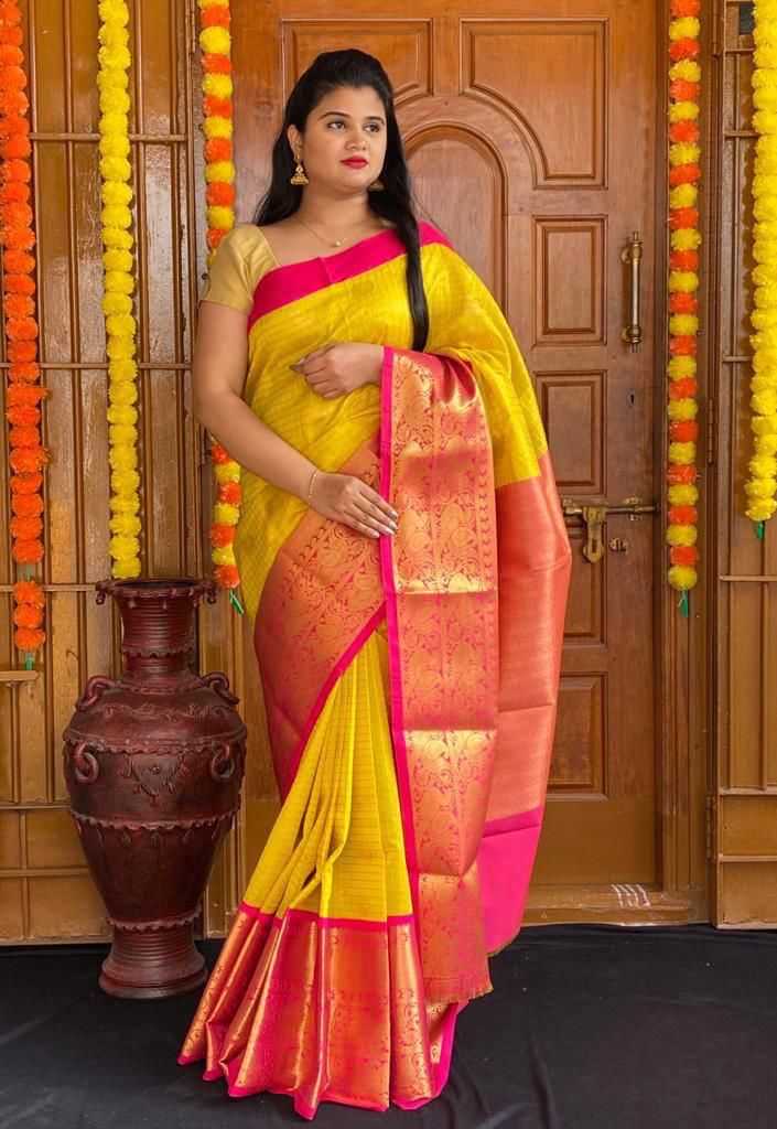 Affordable Festive Wear Lichi Silk Saree with Exclusive Zari meit Yellow
