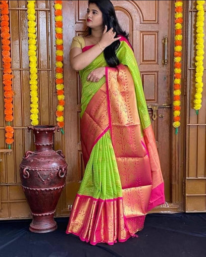 Affordable Festive Wear Lichi Silk Saree with Exclusive Zari meit green