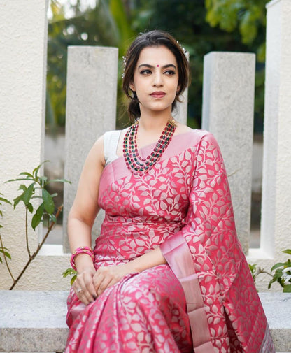 New Trend Lichi Silk Saree with Intricate Zari Weaving pink
