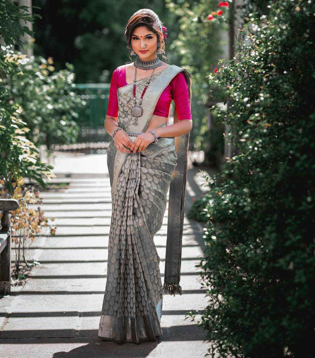 Beautifully Crafted Lichi Silk Saree with Zari Border