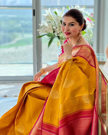 Stunning Yellow Lichi Silk Saree with Golden Zari Work