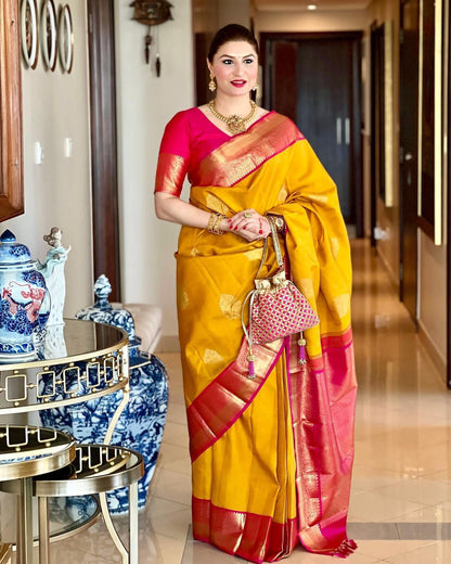 Stunning Yellow Lichi Silk Saree with Golden Zari Work