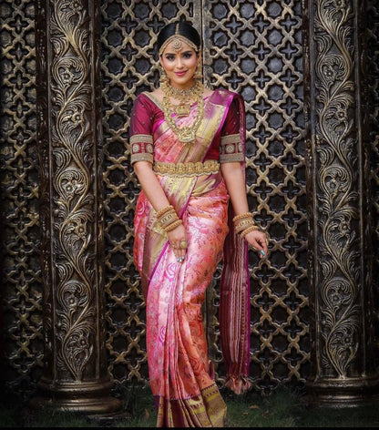Radiate Pink Soft Lichi Silk Saree With Classic Blouse Piece