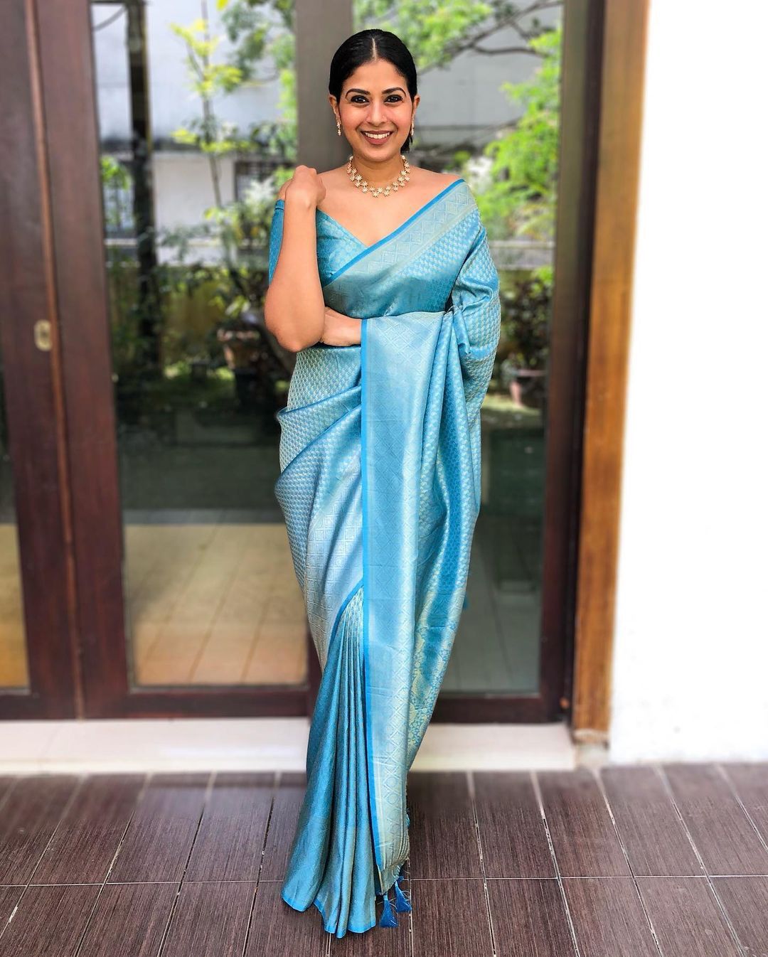 Classic Sky Blue Lichi Silk Saree with Blouse Peace