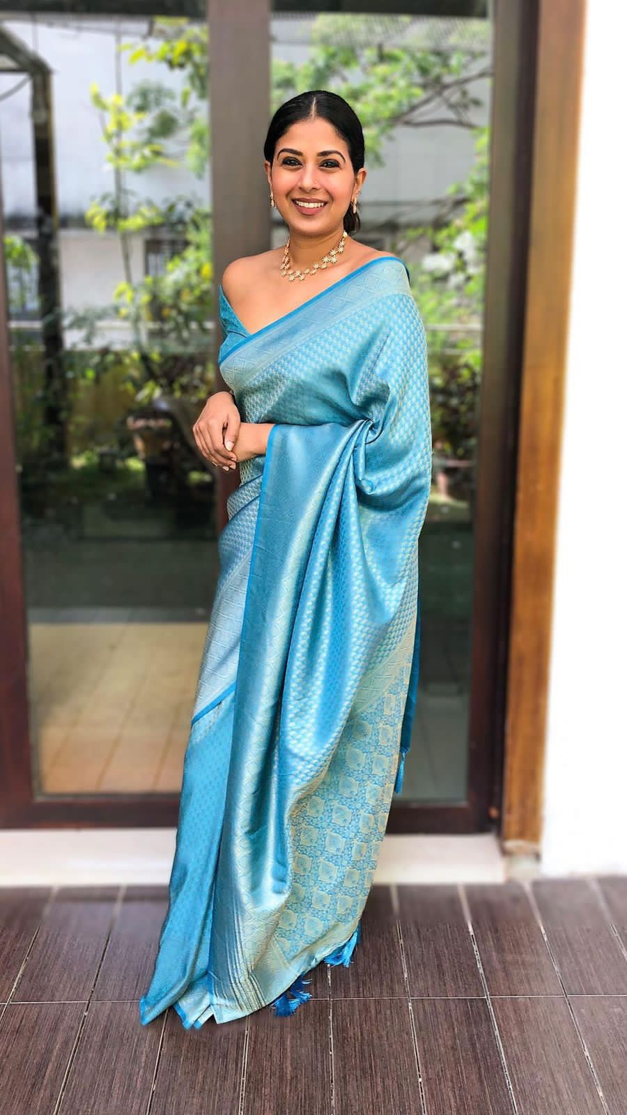 Classic Sky Blue Lichi Silk Saree with Blouse Peace