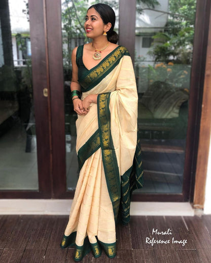 Graceful Cream White with Green Lichi Silk Saree with Blouse Peace