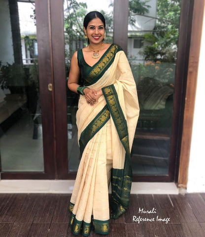 Graceful Cream White with Green Lichi Silk Saree with Blouse Peace