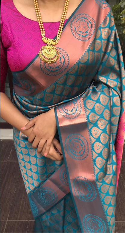 Modern Elegance Rama Lichi Silk Saree with Blouse Peace