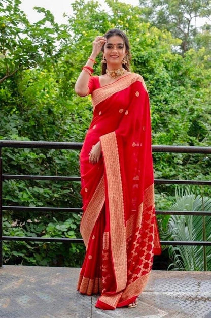 Adorable Red Soft Lichi Silk Saree With Classic Blouse Piece