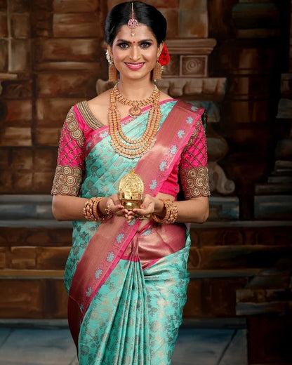 Stunning Pistachio with Pink Soft Lichi Silk Saree with Blouse Peace