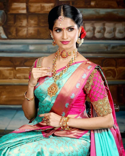 Stunning Pistachio with Pink Soft Lichi Silk Saree with Blouse Peace