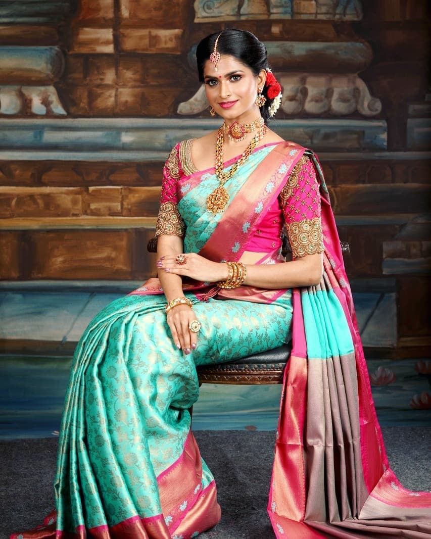 Stunning Pistachio with Pink Soft Lichi Silk Saree with Blouse Peace