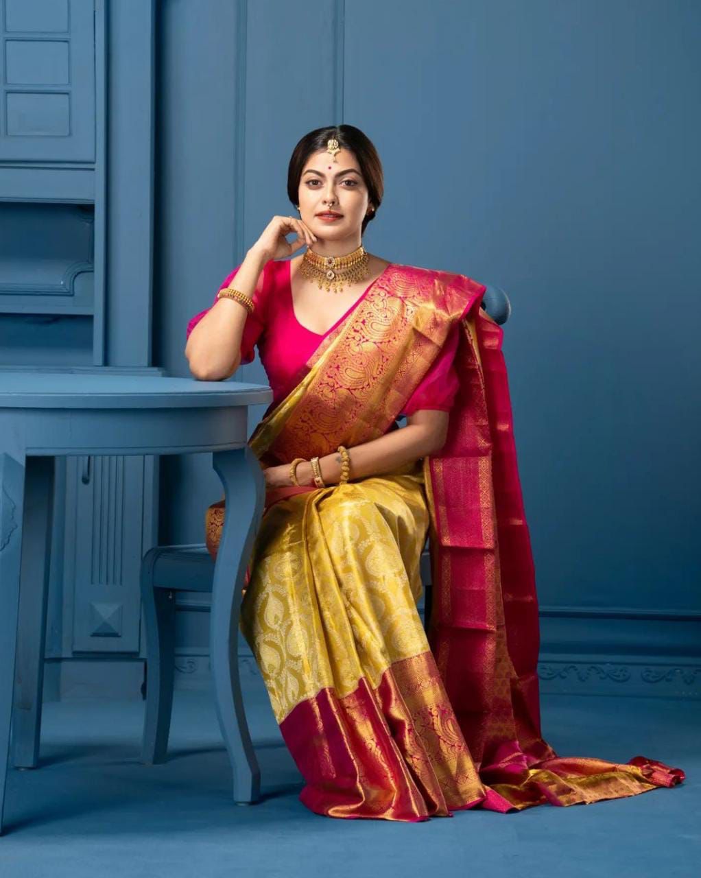 Charming Yellow with Pink Lichi Silk Saree with Blouse Peace