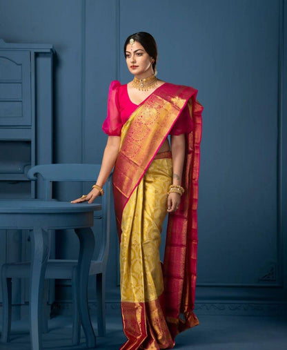 Charming Yellow with Pink Lichi Silk Saree with Blouse Peace