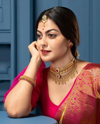 Charming Yellow with Pink Lichi Silk Saree with Blouse Peace