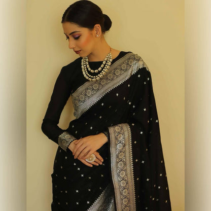 Vibrant Black Lichi Silk Saree with Blouse Peace