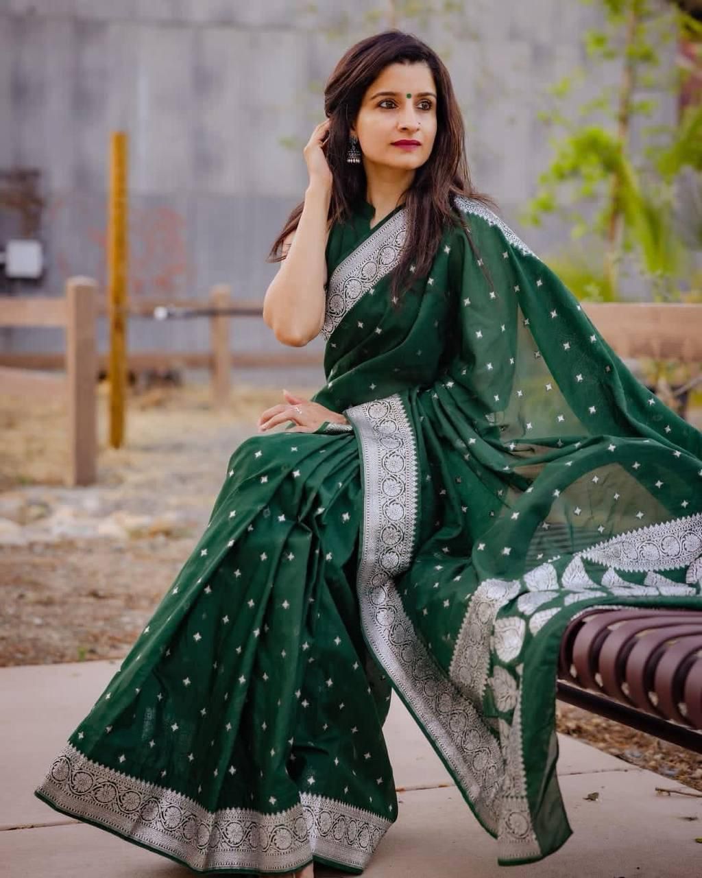 Vibrant Green Lichi Silk Saree with Blouse Peace