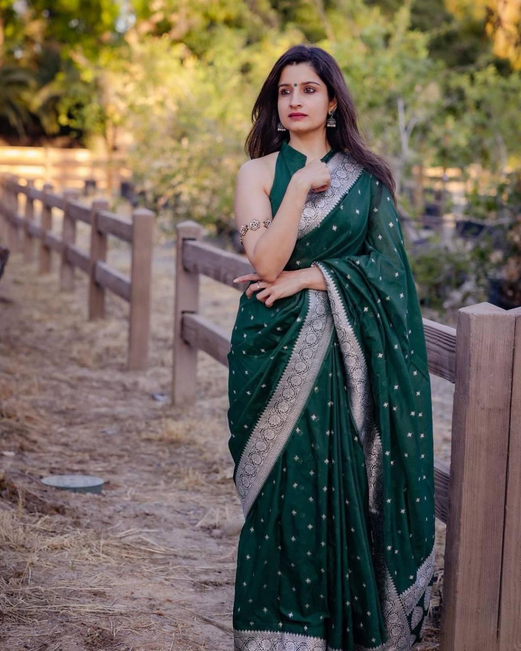 Vibrant Green Lichi Silk Saree with Blouse Peace