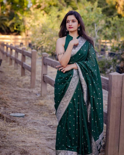 Vibrant Green Lichi Silk Saree with Blouse Peace