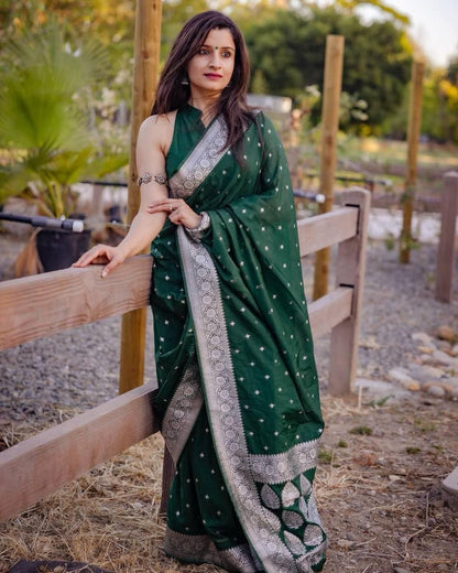 Vibrant Green Lichi Silk Saree with Blouse Peace