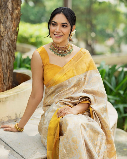 Designed Yellow Soft Lichi Silk Saree With Classic Blouse Piece