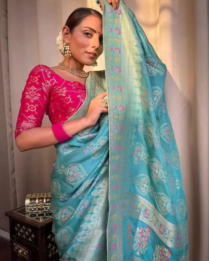Ethnic Sky Blue Soft Lichi Silk Saree With Classic Blouse Piece