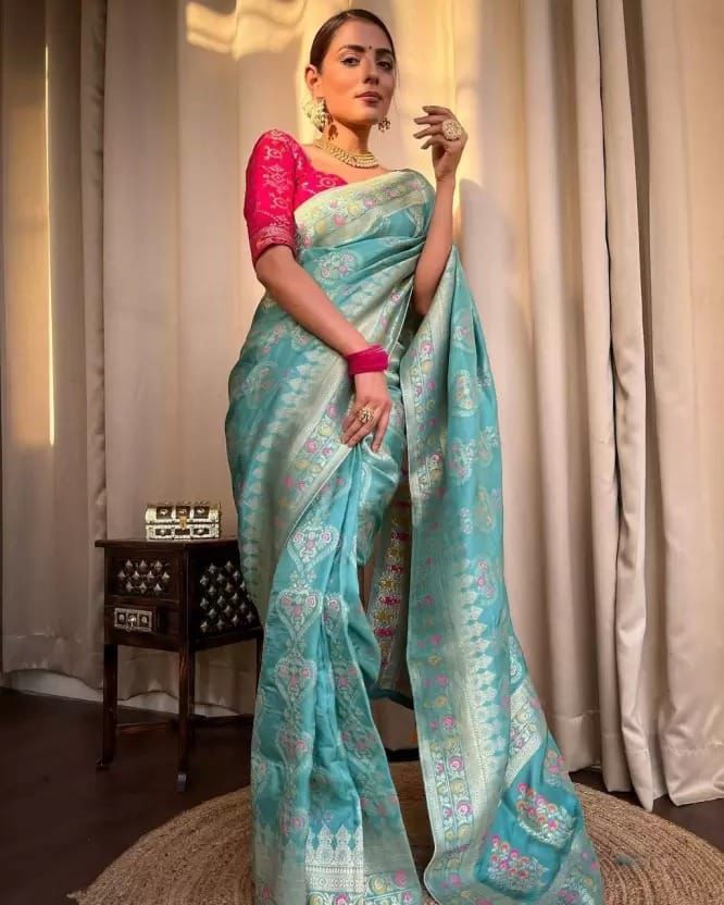 Ethnic Sky Blue Soft Lichi Silk Saree With Classic Blouse Piece