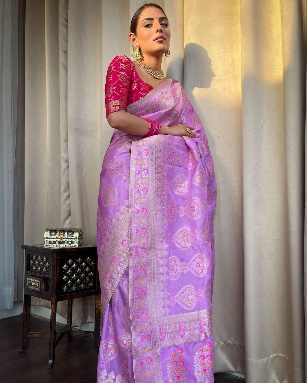 Ethnic Purple Soft Lichi Silk Saree With Classic Blouse Piece