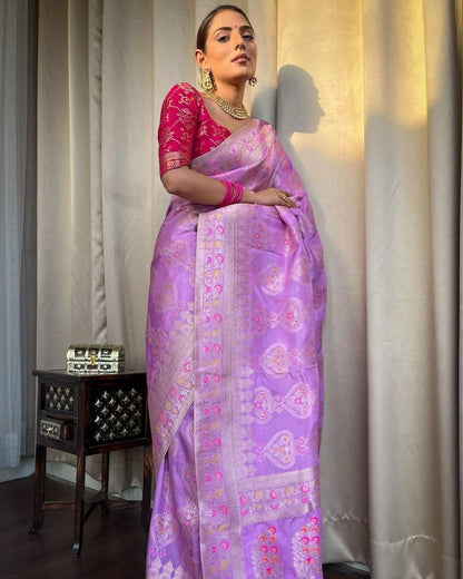 Ethnic Purple Soft Lichi Silk Saree With Classic Blouse Piece