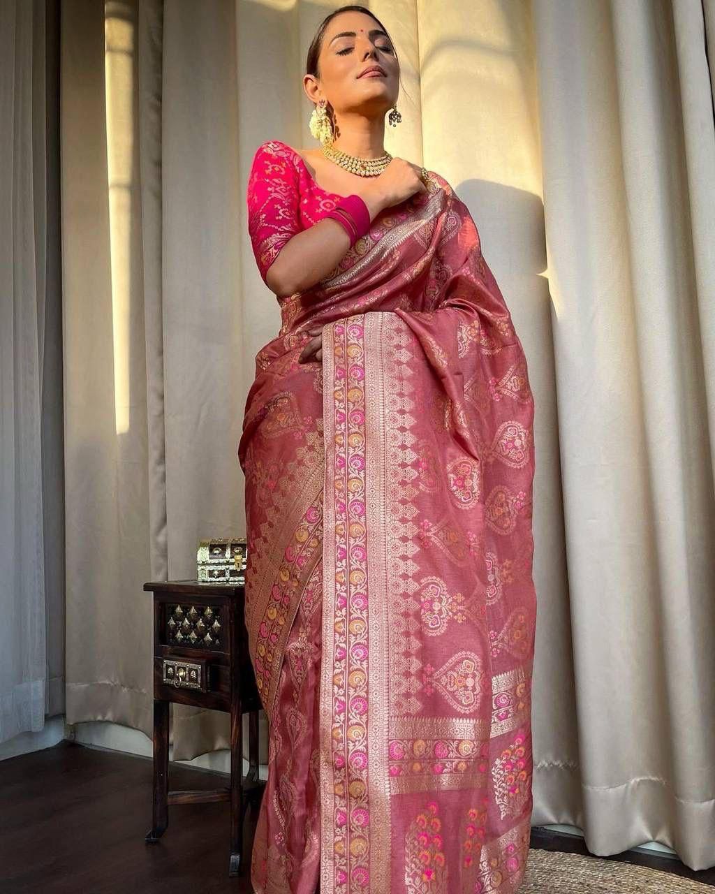 Ethnic Peach Soft Lichi Silk Saree With Classic Blouse Piece