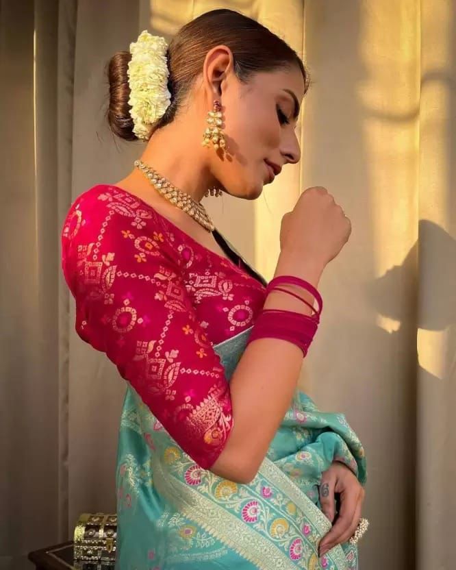 Ethnic Sky Blue Soft Lichi Silk Saree With Classic Blouse Piece