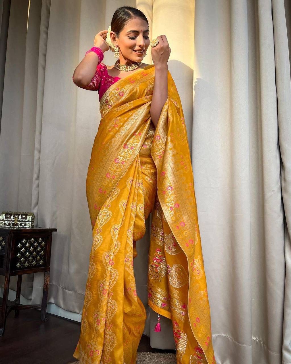 Ethnic Gold Yellow Soft Lichi Silk Saree With Classic Blouse Piece