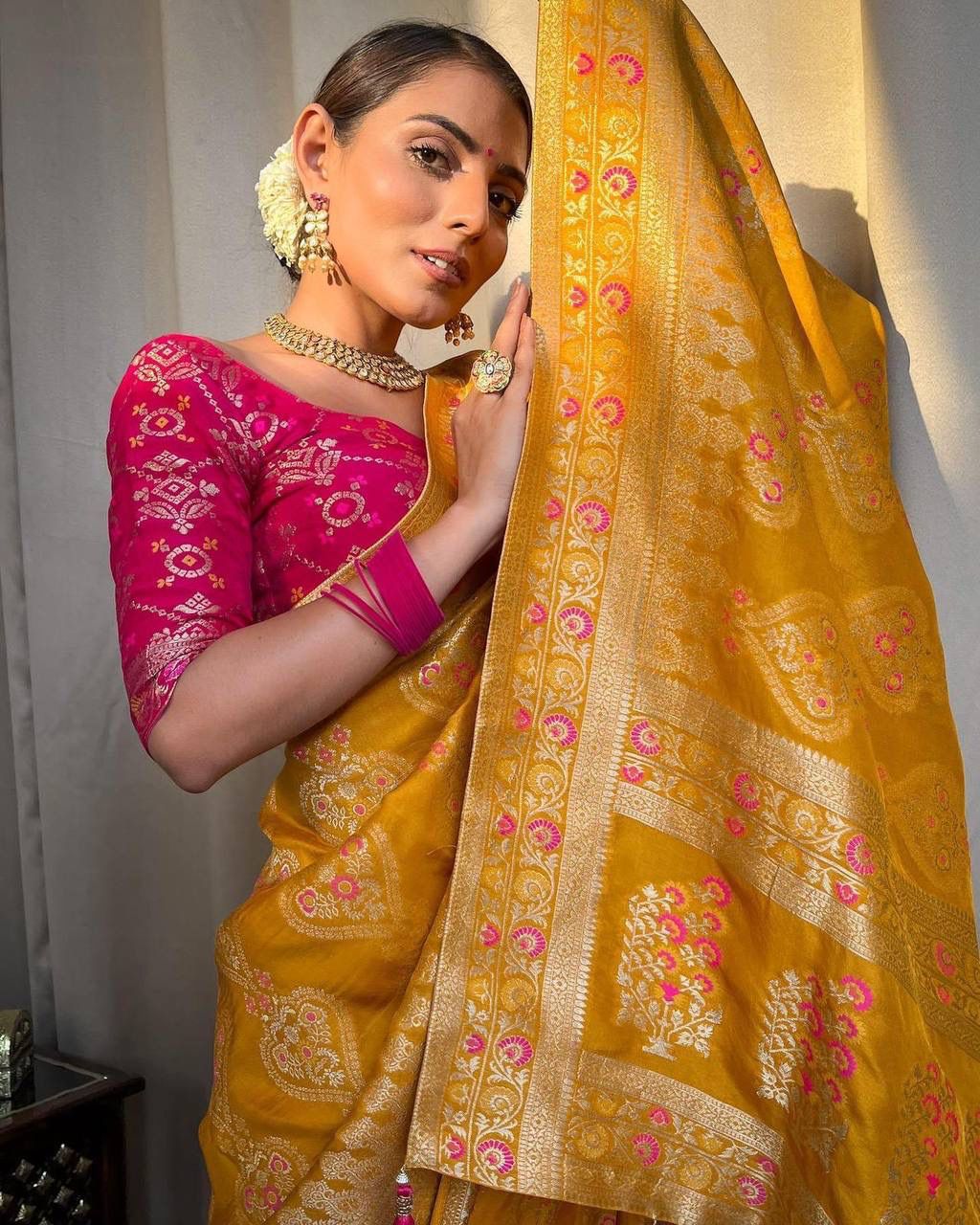 Ethnic Gold Yellow Soft Lichi Silk Saree With Classic Blouse Piece