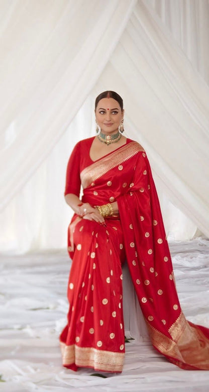 Luxury Red Soft Lichi Silk Saree With Classic Blouse Piece