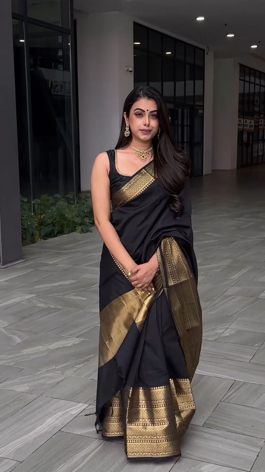 Graceful Black with Golden Zari Work Lichi Silk Saree with Blouse Peace